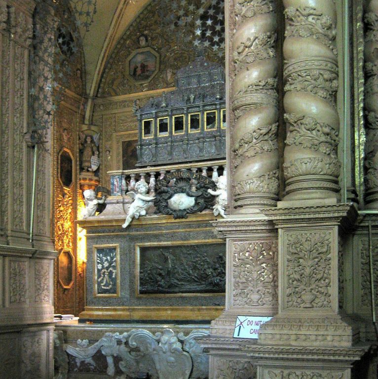 Inside the cathedral in Panaji. The casket at the top contains the remains of St. Francis Xavier.